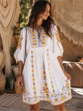 Scarlett Poppies Cotton Mini Dress XS Tribal Embroidery Puff Sleeve Boho Resort